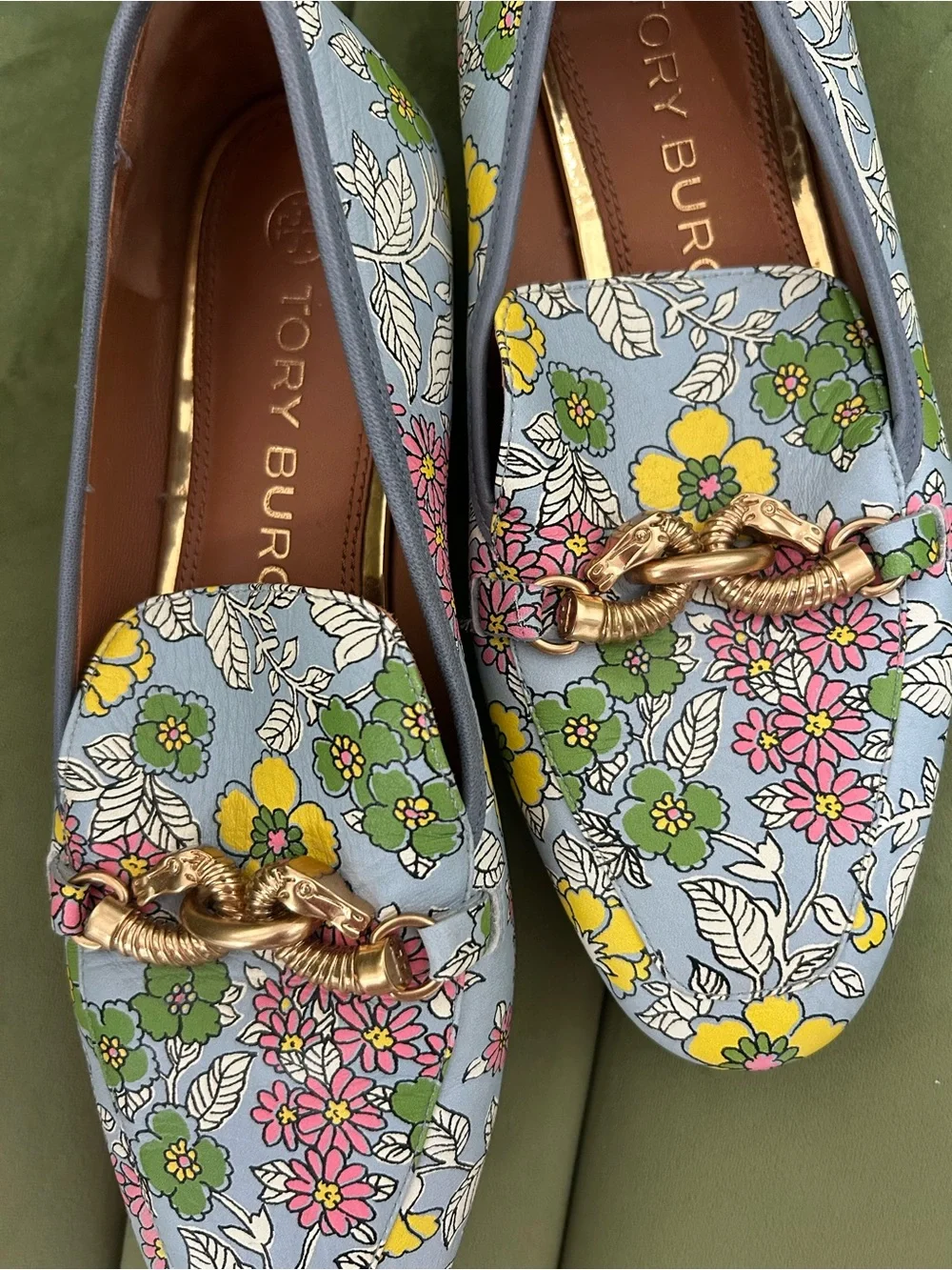 Tory Burch Floral Chain-Trim Loafers in Light Blue with Yellow, Pink & Green - Picture 3 of 4
